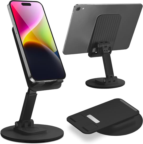 Foldable Desktop Mobile Phone Holder with 360° Rotating Base – Phone Stand Compatible with All iPhone and Android Smartphones (Black)