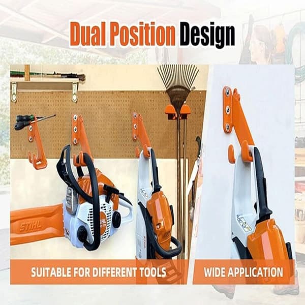 Wall-mounted bracket for brush cutter. Optimized storage for garden tools. Rust-resistant coating. Compatible with chainsaws and hedge trimmers.