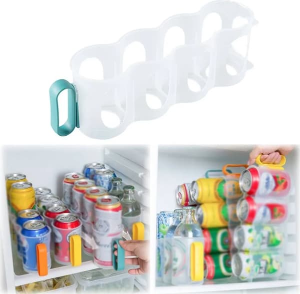 Beverage Can Organizer with 4 Holes, Refrigerator Drink Holder, Beer Refrigerator, Kitchen Storage Box (Blue)