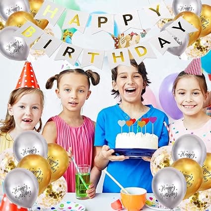 Happy Birthday Flag Banner Sequin Balloon Set (Platinum), Party