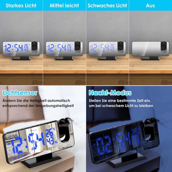 Digital väckarklocka med radio och skärmljusprojektion