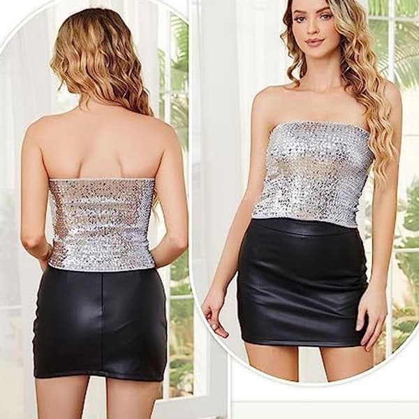 Glitrende paillet-crop tops til kvinder, metalliske tube tops, stropløse, sølv