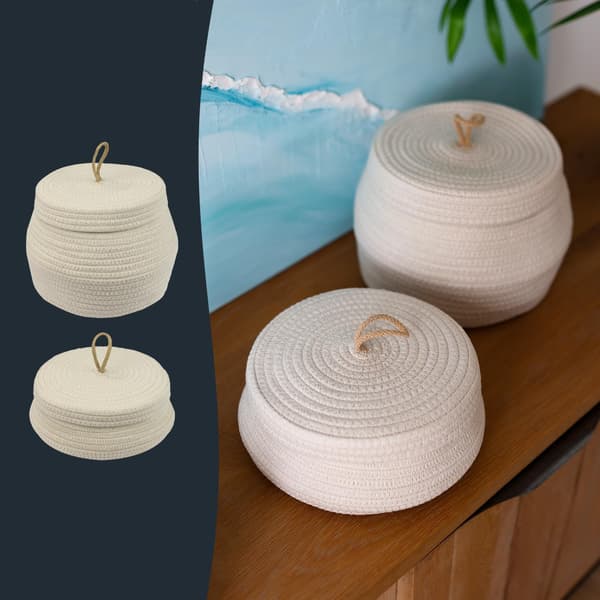 Rund Badrumsförvaringskorg, Bomullskorg med Lock | Hög | Off-White 25*18cm