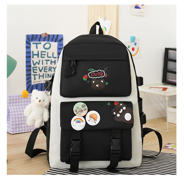 Five-Piece School Bag Large Capacity Shoulder Bag Includes Bear Pendant-558 Black