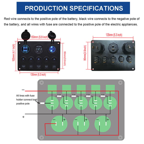 5-vejs multifunktionel vippekontakt grøn baggrundsbelyst dobbelt USB-oplader + digital voltmeter + 12V stik forudkablet kontaktpanel