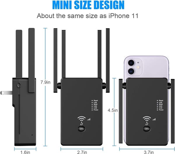 WiFi Range Extender 1200Mbps Dual Band 2.4GHz And 5GHz With 4 External Antennas And Ethernet Port For Home Office Coverage Black