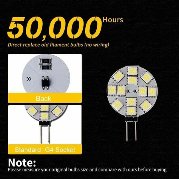 10-pack G4 DC 12V Non-Dimmable LED Bulbs, 6000K White, Replacement for 20W Halogen Bulbs for Kitchen, RV, Caravan, Trailer, Boat - LARGEIGHT