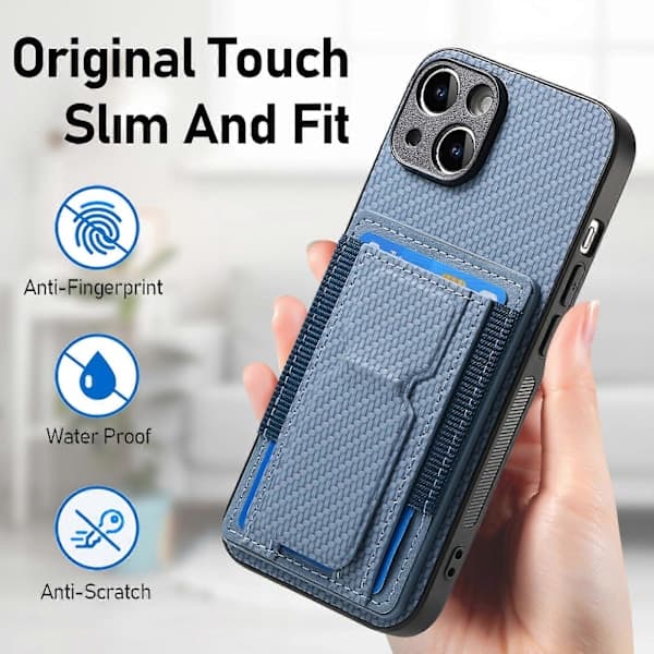 Til iPhone 15 Kulfiber Foldbart Stativ Elastisk Kortlomme Telefoncover