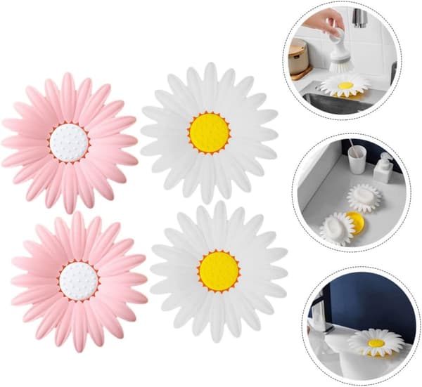 4 stk blomsterformede såpeholdere i silikon, doble lag, plassbesparende og organisert