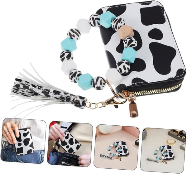 Cow Pattern Card Holder Wallet with Zipper and Keychain Pouch