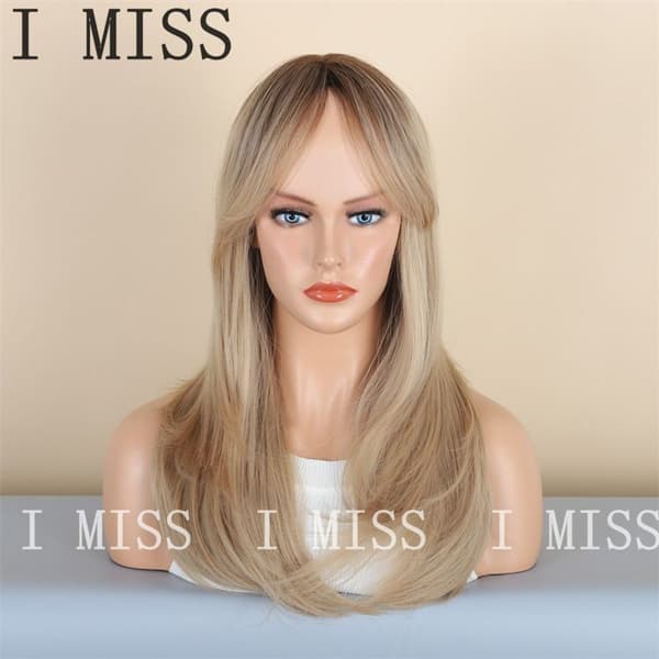 Natural Synthetic Wig with Golden Brown Gradient and Eight-Shaped Bangs