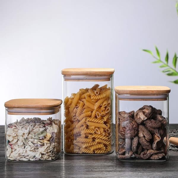 Glass jar with bamboo lid and spoon, airtight, transparent, square