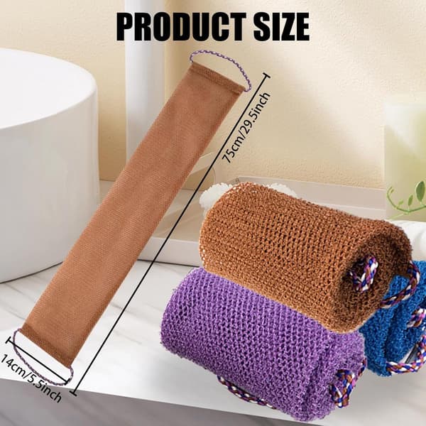 3 Bath Towels - Exfoliating Nylon Net with String - Deep Cleaning Bath Brush & Sponge - for Men and Women - 75*14cm - Purple, Blue, Brown
