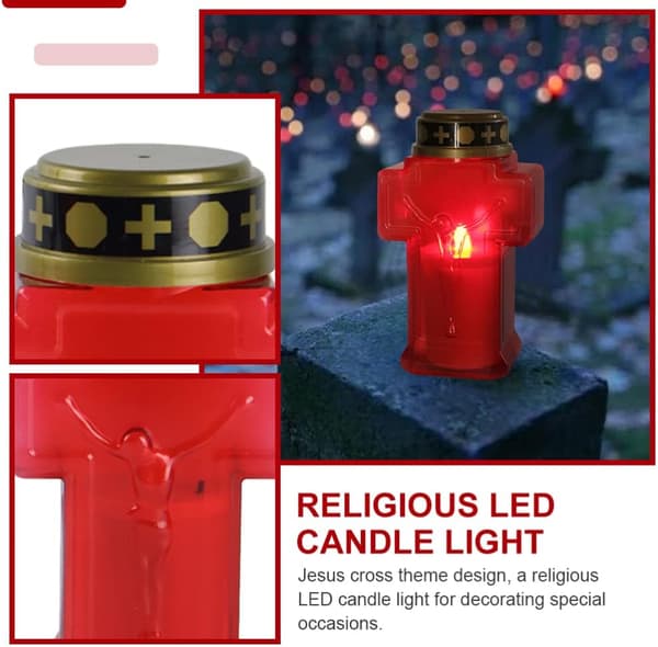 2-pack Cross-shaped Candles with Red Flicker-free Flame, Reusable Church Cemetery Decoration
