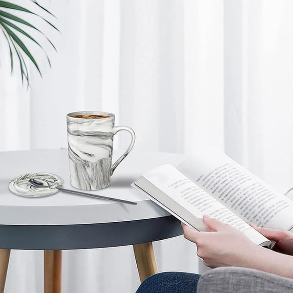 12 Oz Keramisk Kaffekop Krus til Te med Låg og Rustfri Ske Skridsikker