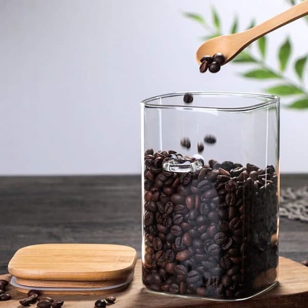 Glass jar with bamboo lid and spoon, airtight, transparent, square