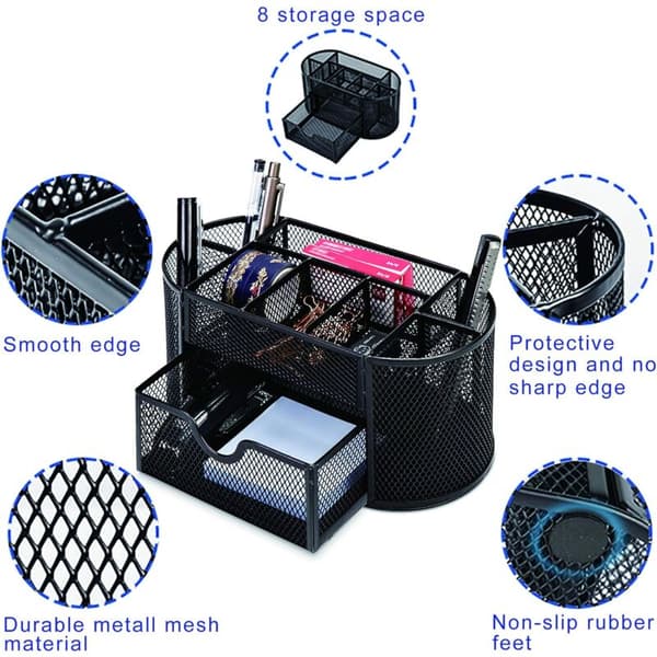 Metalldesk Organizer with 9 Compartments, Pen Holder with Drawer for Desk, Space-Saving, Desk Organizer for School, Home, Office KLB