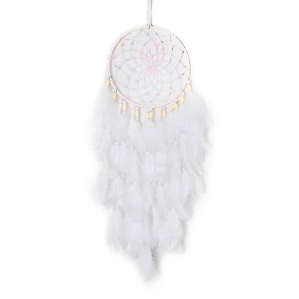 LED Drømmefanger Veggdekor Hvit Fjær Drømmefanger Med Lys, Håndlaget Perle Boho Vevd Kunst Ornament