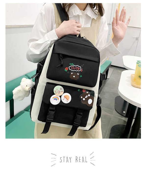 Five-Piece School Bag Large Capacity Shoulder Bag Includes Bear Pendant-558 Black