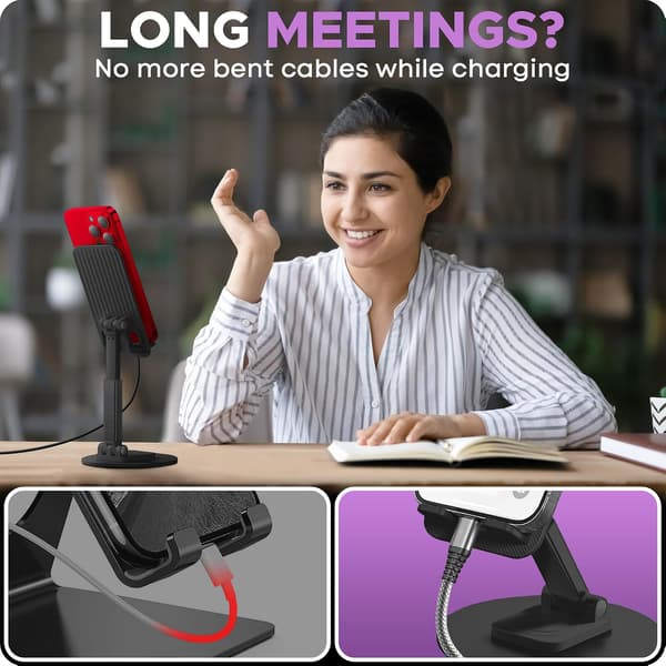Foldable Desktop Mobile Phone Holder with 360° Rotating Base – Phone Stand Compatible with All iPhone and Android Smartphones (Black)