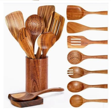 Kitchen Set Utensils 7-Piece Set - Wooden Cutlery Non-Stick Pan Wooden Spoon Long Handle Solid Wood Soup Spoon Set