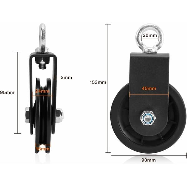 Rope Pulleys 90mm Pulley with U-Bracket, Efficient DIY Block Pulley for Fitness Equipment, 2 Pcs-