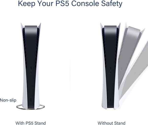 Universellt vertikalt stativ för PS5/PS5 Slim/PS5 Pro, halkfri bas, platsbesparande, tippskydd, repskydd