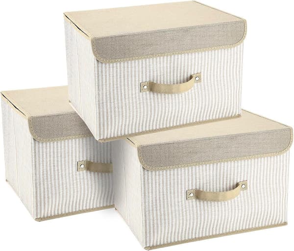 Large Foldable Storage Boxes with Lids, Linen Fabric Storage Bins for Clothes, 3-Pack Toy Box for Towels, Books, Yellow Stripes