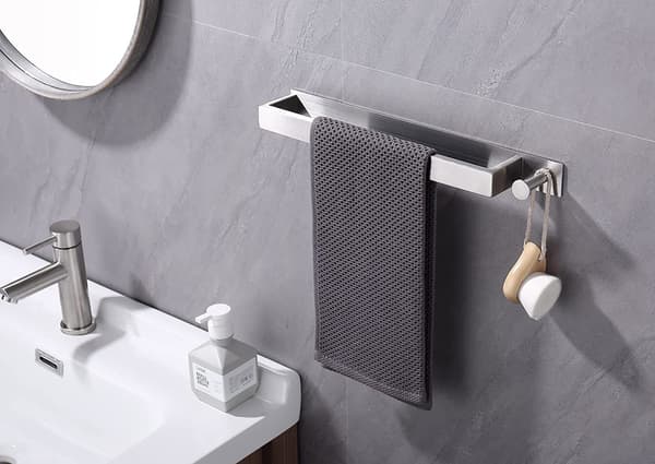 Self-adhesive stainless steel towel holder without drilling for bathroom - with hook - white 40 cm