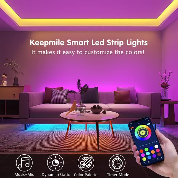 50ft LED-remsor med smart synkronisering till musik, LED-belysning för sovrum, heminredning, APP-kontroll