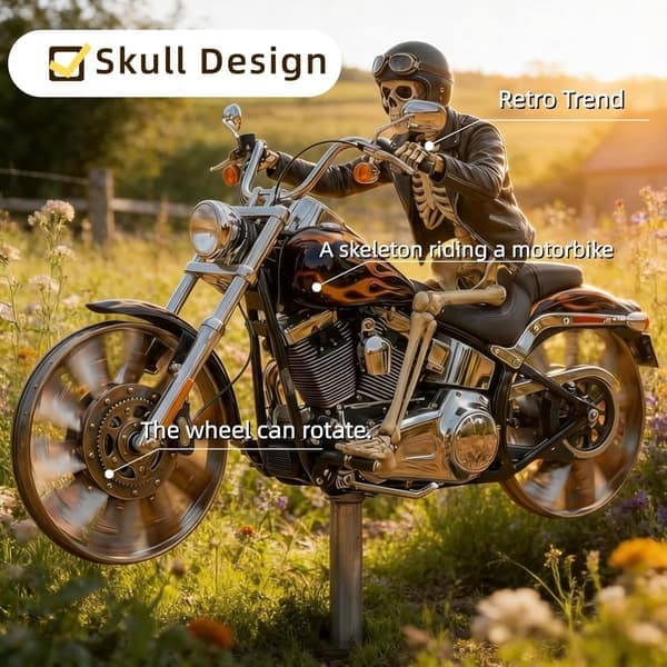 Motorcycle Skeleton Wind Spinner – Biker Skull Windmill with Spinning Wheels for Patio, Garden and Yard – Unique Resin Sculpture – Gift Idea
