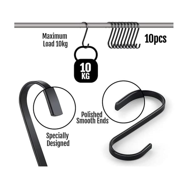 10 Pcs Stainless Steel Flat S-Hooks Heavy Duty Kitchen Hooks, Multifunctional Hooks for Kitchen or Butcher Clothes Plants Garden Tools, Black