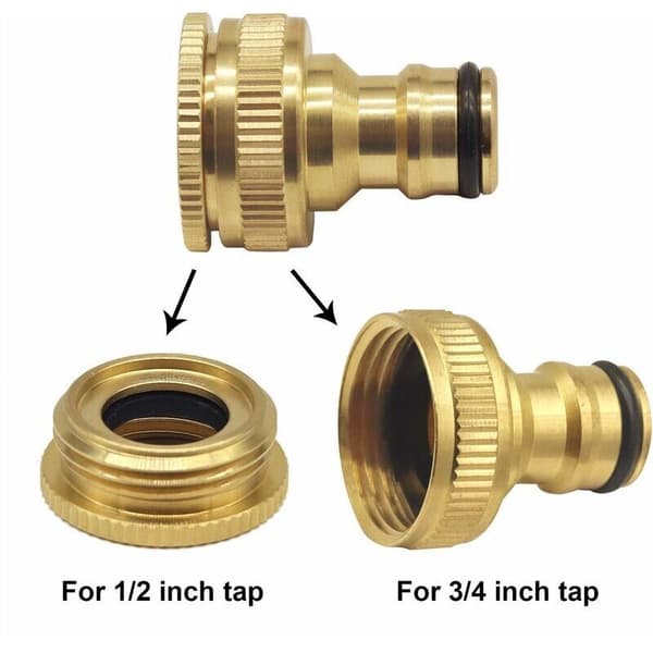 Set of 2 Brass Tap Connectors - 1/2\" and 3/4\" Internal Thread Adapter - Straight Coupling for Garden Hose - Easy Installation