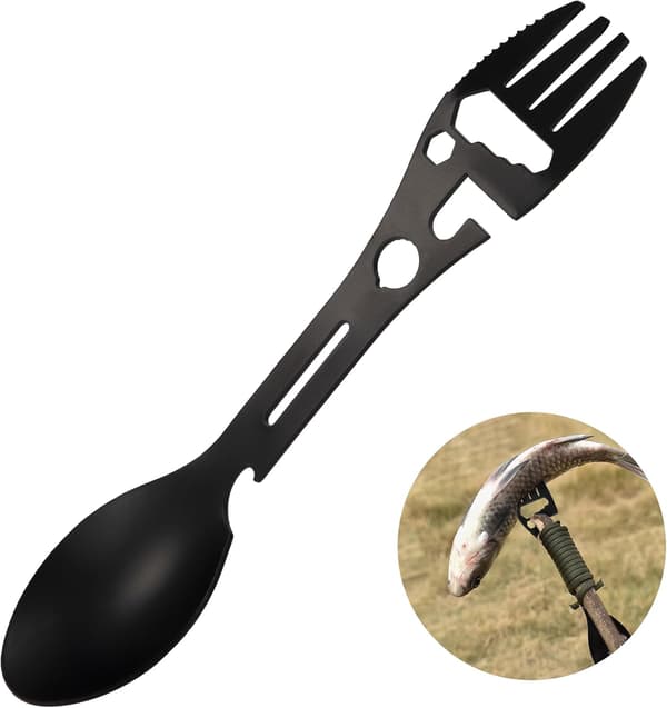 Multifunktionel rustfri gaffelske 9 i 1 flaskeåbner til camping, rejser, backpacking, vandring, udendørsaktiviteter