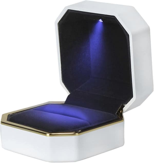 Luxury Ring Box, Velvet Ring Holder Jewelry Box Storage Gift Case with LED Light, White