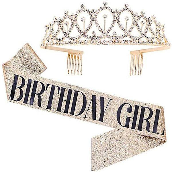 Women Ladies Birthday Queen Tiara And Sash Crystal Crown Headband Shoulder Strap Set Gold GIRL