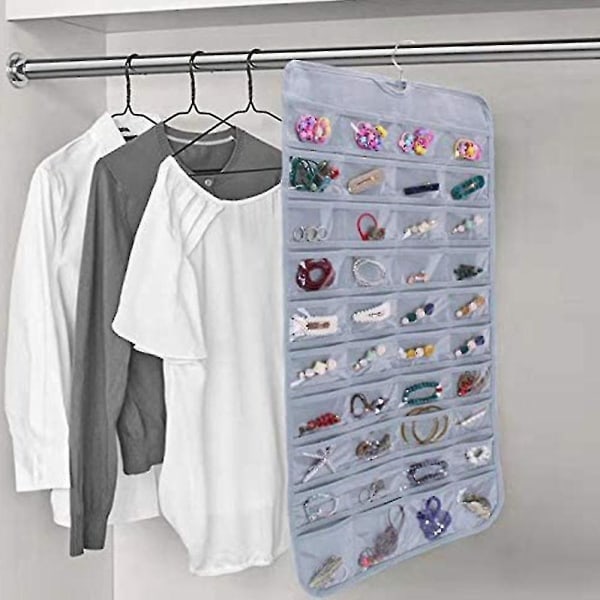 Hanging Jewelry Organizer, Non-woven Double Sides 80 Clear Pockets Jewelry Wall Organizer For Storing Jewelries, Earrings, Necklaces, Makeups Grey