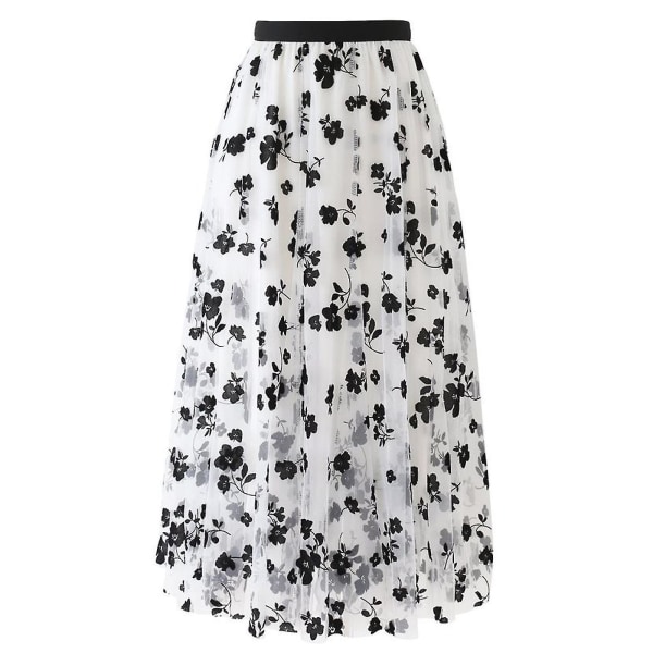Women Spring Summer Elastic High Waist Long Mesh Skirt Womens Pleated White L