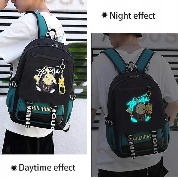 Pokemon Backpack With Usb Port Luminous Pattern Pikachu Backpack Green