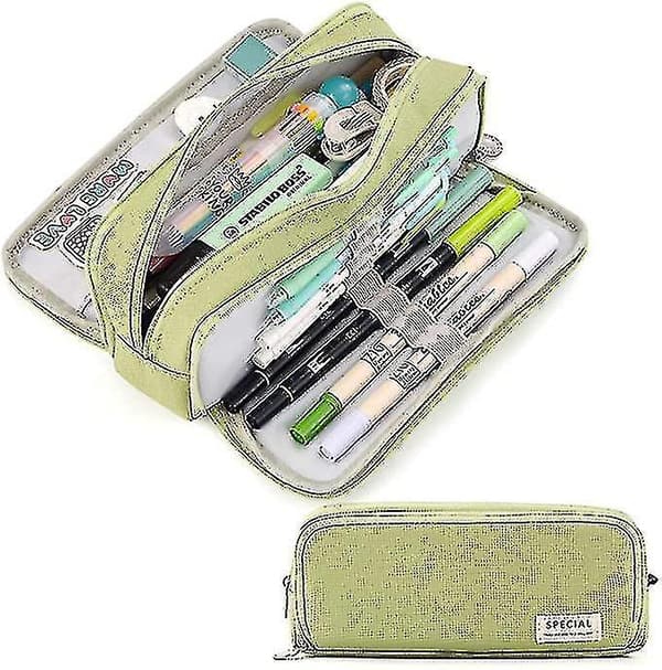 Large Pencil Case Big Capacity 3 Compartments Canvas Pencil Pouch For Students green
