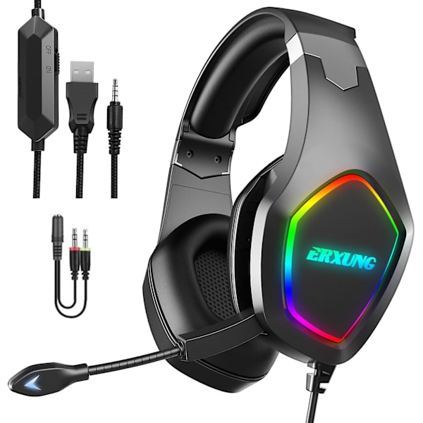 Gaming Headset, Ps5 Over Ear Headphones, Noise Cancelling Ultra-soft Earmuffs With Mic,rgb Light, Bass Surround For Ps4, Pc, Xbox One,black