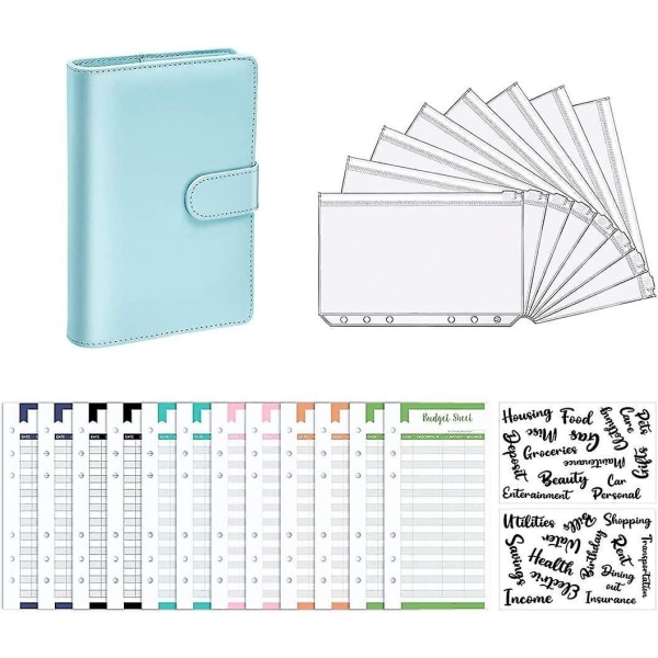 A6 Pu Leather Budget Binder,Include Budget Wallet,Zipper Envelopes,Budget Sheets,Stickers,Blue