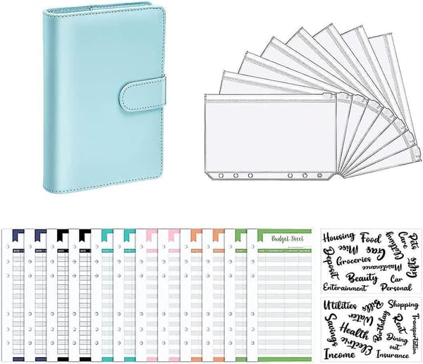 A6 Pu Leather Budget Binder,Include Budget Wallet,Zipper Envelopes,Budget Sheets,Stickers,Blue