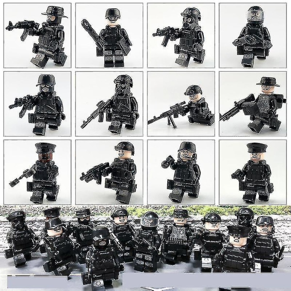 12pcs Black Swat Police Minifigure Building Block Accessories Military Toy-3