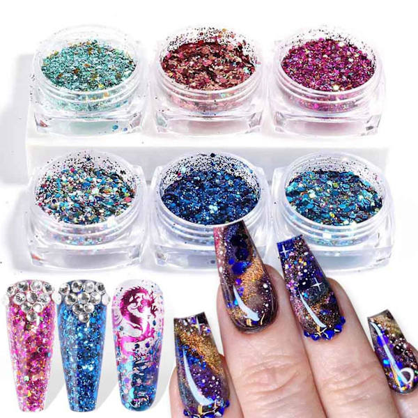 6pcs Nail Sequins Stylish Thin Plastic Shiny Nail Glitter Powder For Home 5