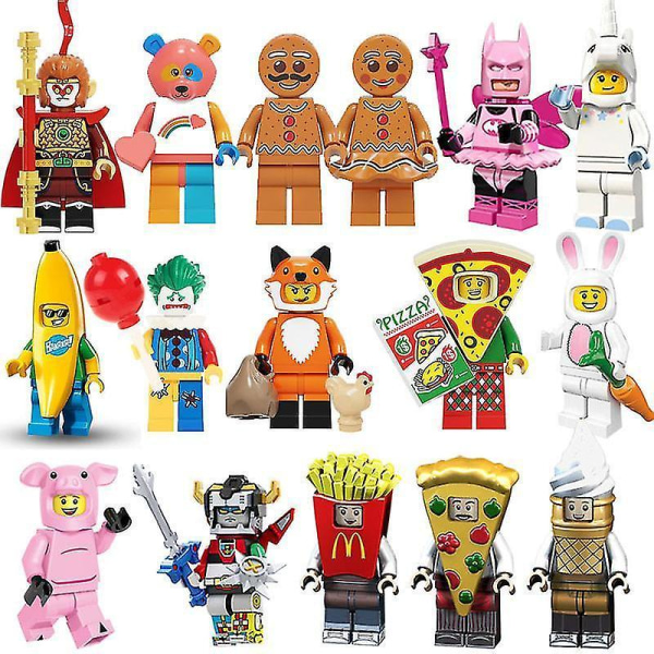 16pcs Pumping Fun Cartoon Building Blocks Doll Rainbow Bear Biscuit Man Pizza Monkey King Unicorn Clown White Rabbit Building Blocks