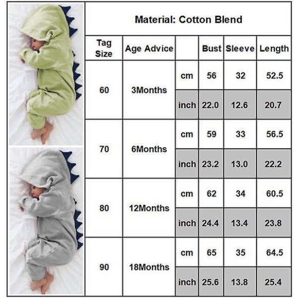 Newborn Infant Baby Boys Girls Dinosaur Hooded Romper Jumpsuit Pajamas Nightwear Green 60cm