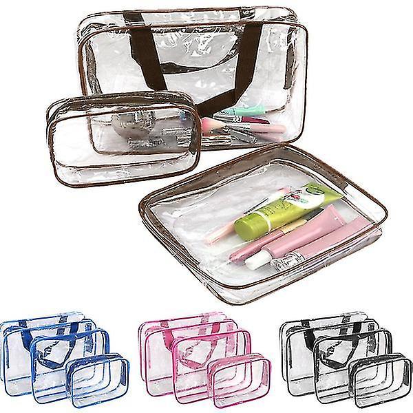 3 Pieces Crystal Clear Portable Travel Cosmetic Bag Makeup Toiletry Wash Bag Holder Pouch Set Brown