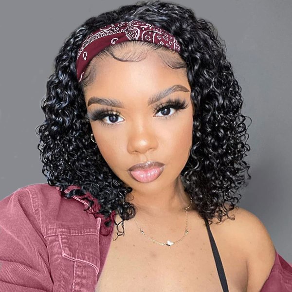 Curly Headband Wig Human Hair Wigs For Black Women Pixie Cut Headband Wig Human Hair Curly Deep Wave Half Wigs 150% Density Natural Black (curly 1b-12