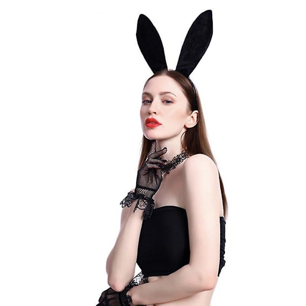 Mimigo Bunny Headband Lace Gloves Women Masquerade Rabbit Headpiece Black Sexy Long Ears Bunny Hair Hoop Hair Band Hairband Halloween Easter Party Dec